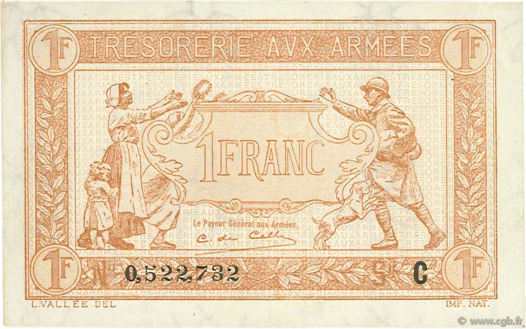 1 Franc TRÉSORERIE AUX ARMÉES 1917 FRANCE  1917 VF.03.03 UNC