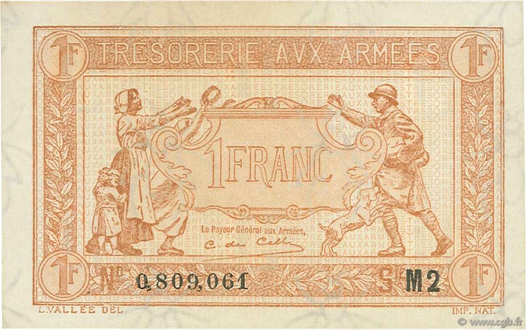 1 Franc TRÉSORERIE AUX ARMÉES 1919 FRANCIA  1919 VF.04.20 FDC