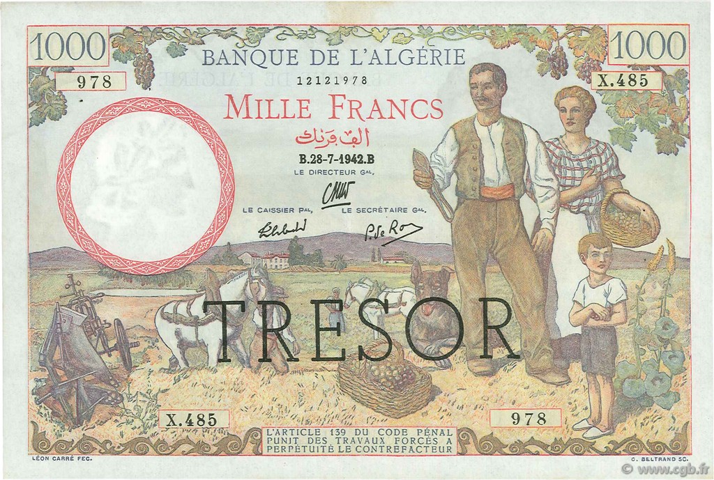 1000 Francs Algérie FRANKREICH  1943 VF.10.01 VZ