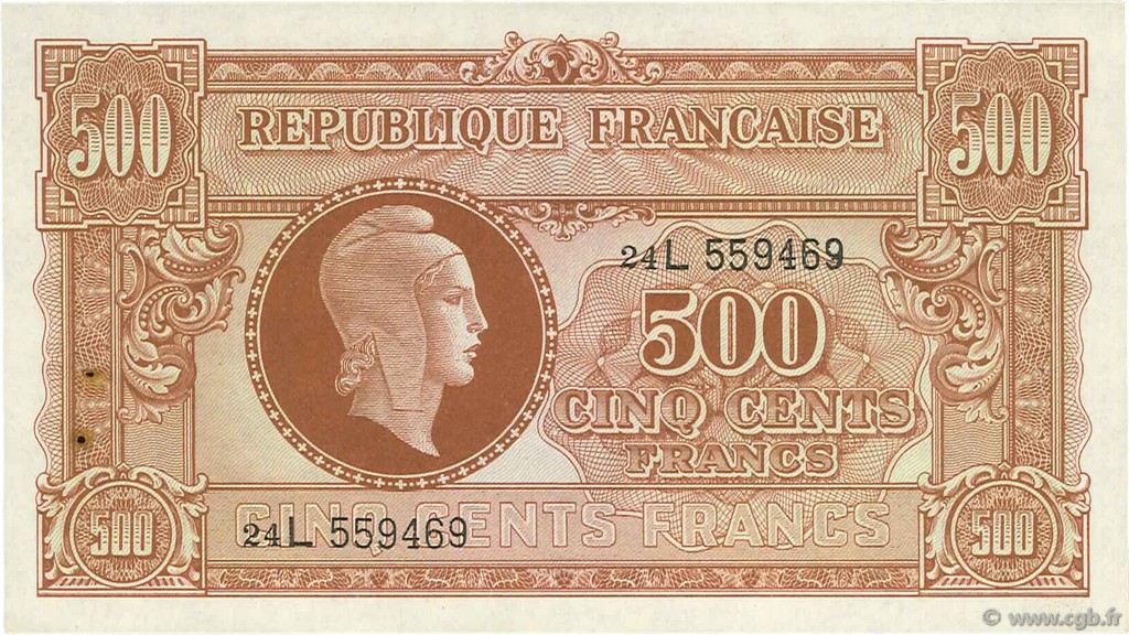 500 Francs MARIANNE FRANCE  1945 VF.11.01 XF+