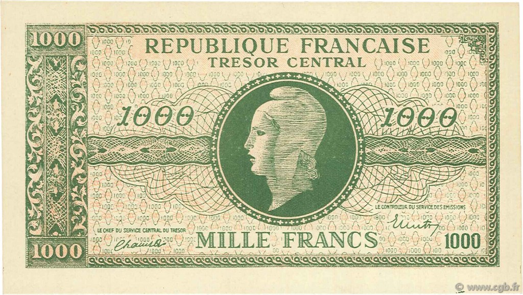 1000 Francs MARIANNE Chiffres gras FRANKREICH  1945 VF.12.00 fST