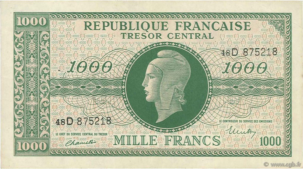 1000 Francs MARIANNE Chiffres maigres FRANKREICH  1945 VF.13.01 fVZ