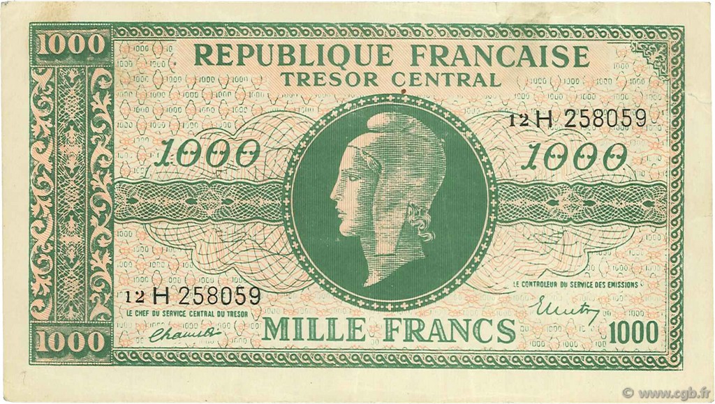 1000 Francs MARIANNE Chiffres maigres FRANKREICH  1945 VF.13.03 fVZ