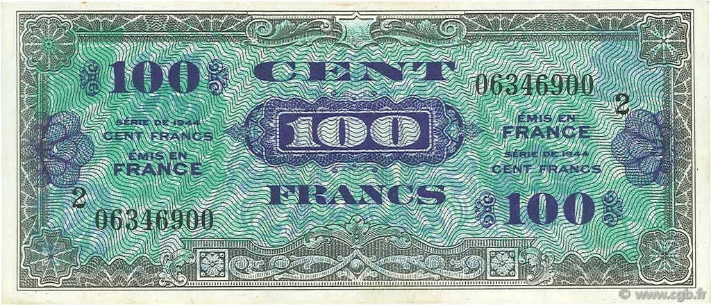 100 Francs DRAPEAU FRANCE  1944 VF.20.02 XF-