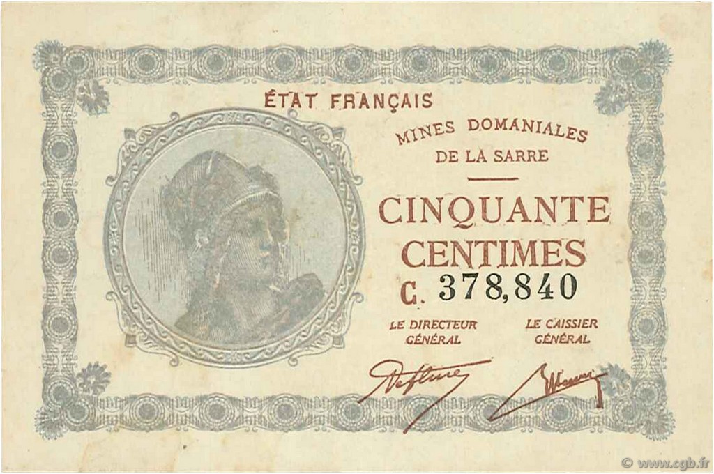 50 Centimes MINES DOMANIALES DE LA SARRE FRANCE  1920 VF.50.03 XF