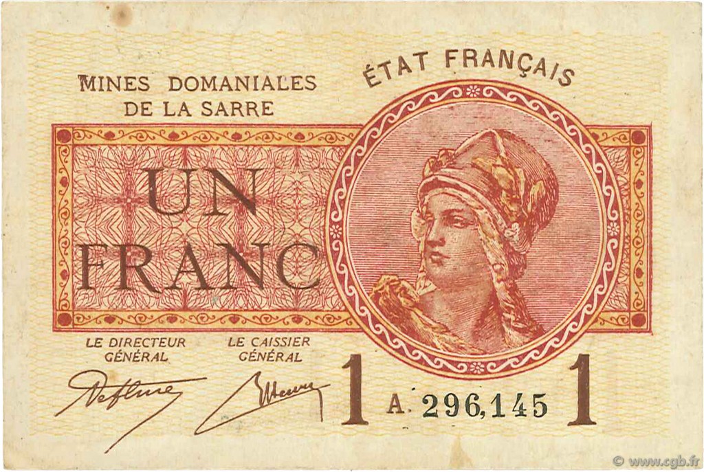 1 Franc MINES DOMANIALES DE LA SARRE FRANCE  1920 VF.51.01 VF