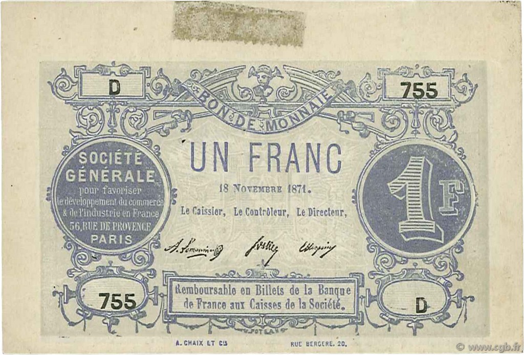1 Franc FRANCE regionalism and various  1871 BPM.012a XF