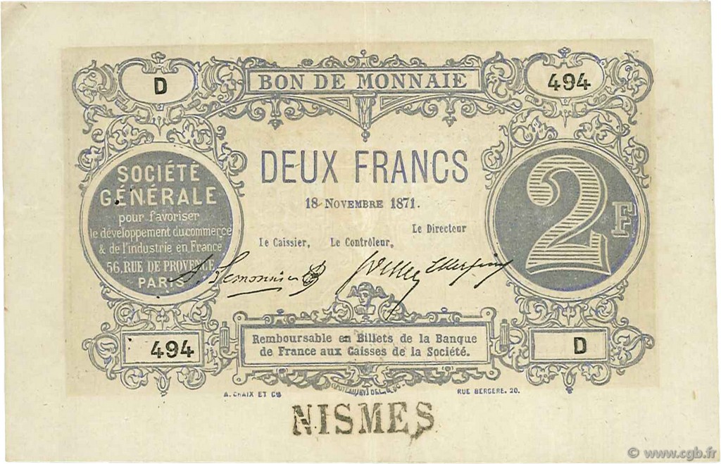 2 Francs FRANCE regionalism and various  1871 BPM.013a XF