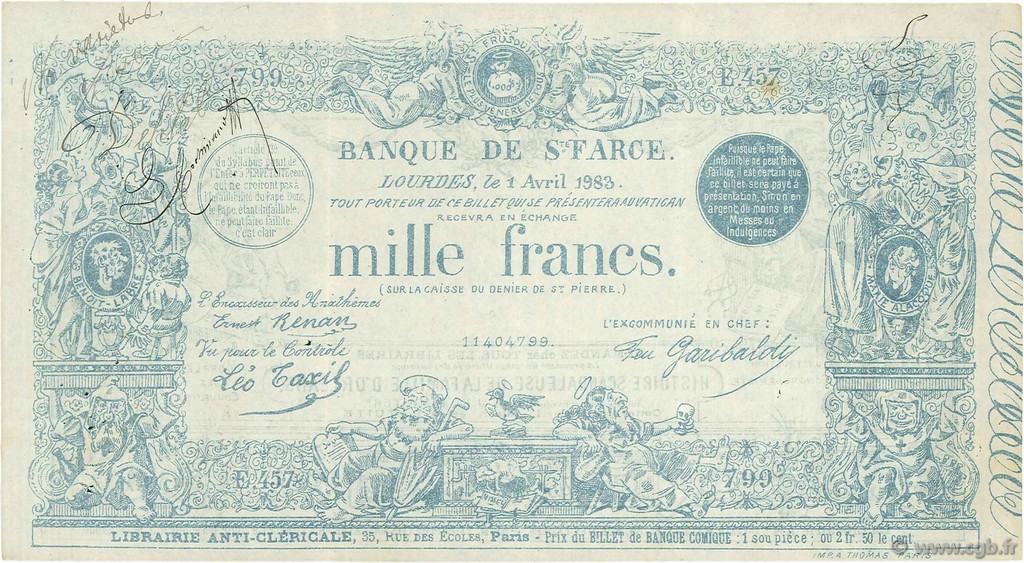 1000 Francs Sainte Farce FRANCE regionalism and various  1883 F.- VF