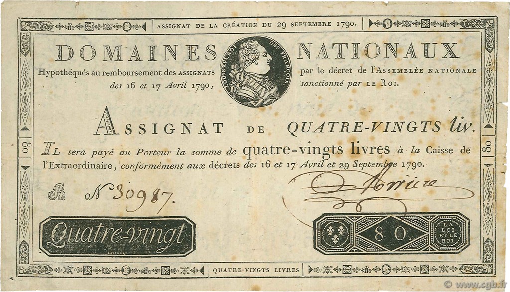 80 Livres FRANCE  1790 Ass.07a VF