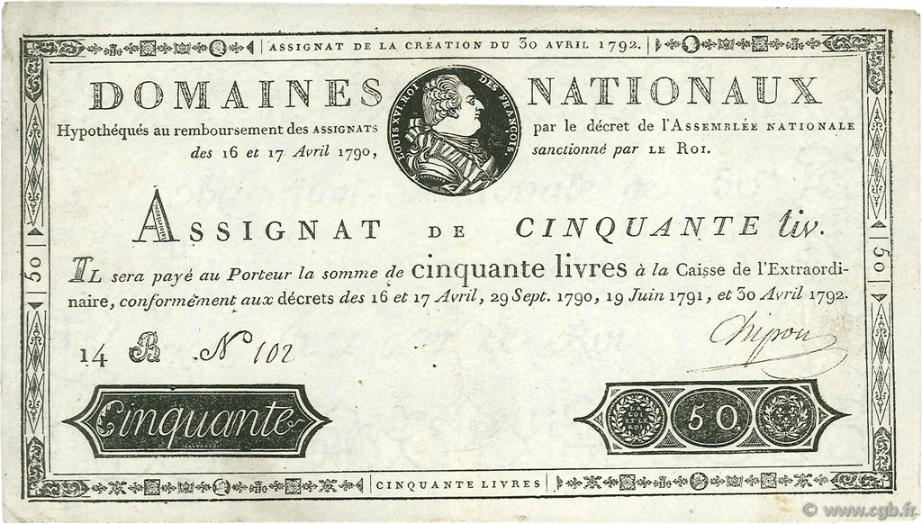 50 Livres FRANCE  1792 Ass.28a VF+