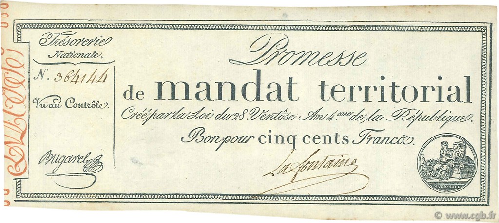 500 Francs sans série FRANKREICH  1796 Ass.62a fST