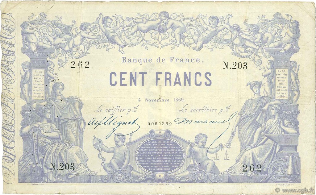 100 Francs type 1862 Indices Noirs FRANCIA  1869 F.A39.05 MB