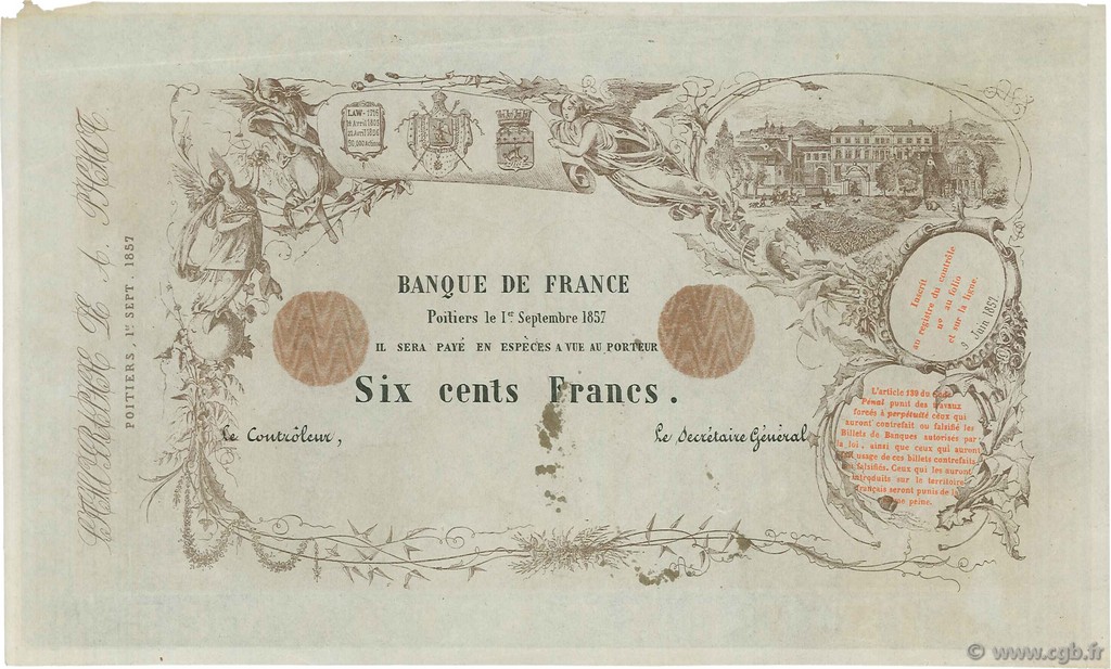 600 Francs Poitiers FRANCE  1857 F.A- SUP+