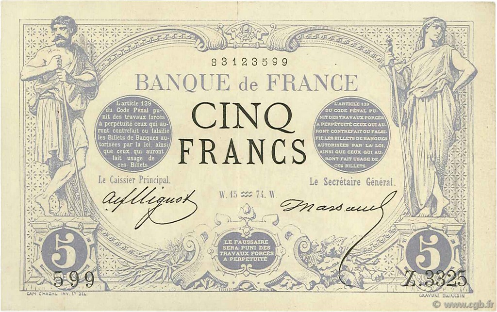 5 Francs NOIR FRANKREICH  1874 F.01.25 fVZ