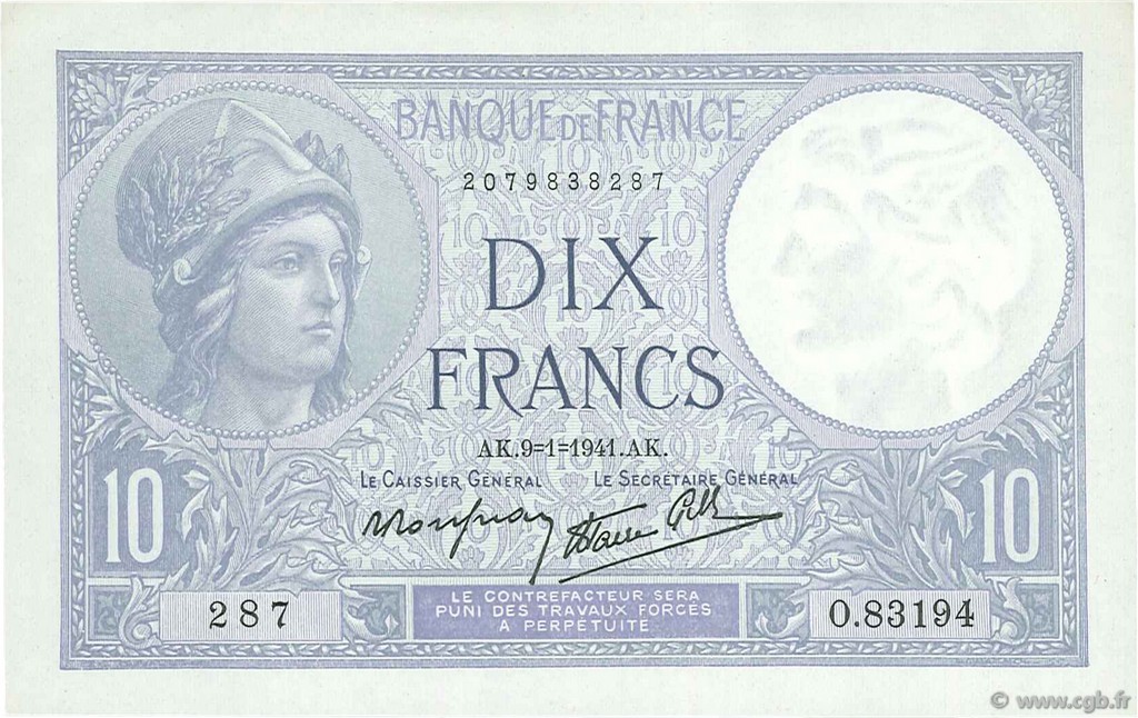 10 Francs MINERVE modifié FRANCE  1941 F.07.27 pr.NEUF