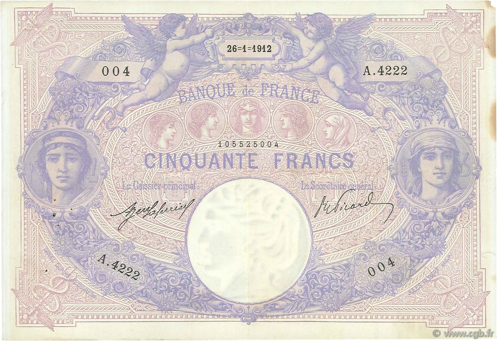 50 Francs BLEU ET ROSE FRANCIA  1912 F.14.25 BB