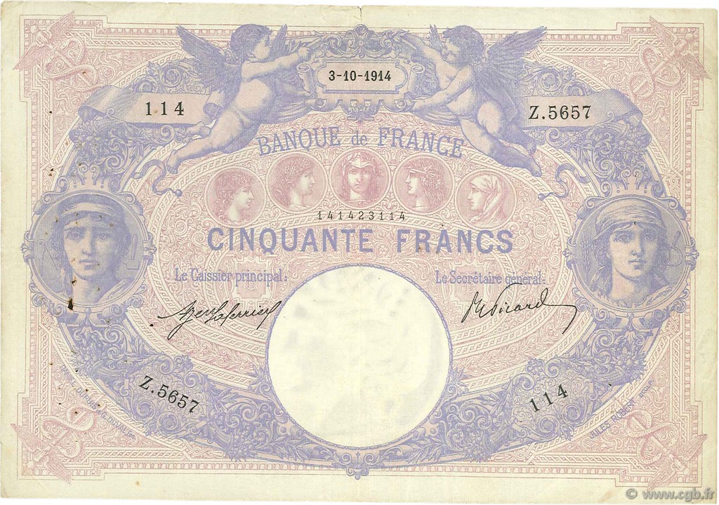 50 Francs BLEU ET ROSE FRANCIA  1914 F.14.27 BC+