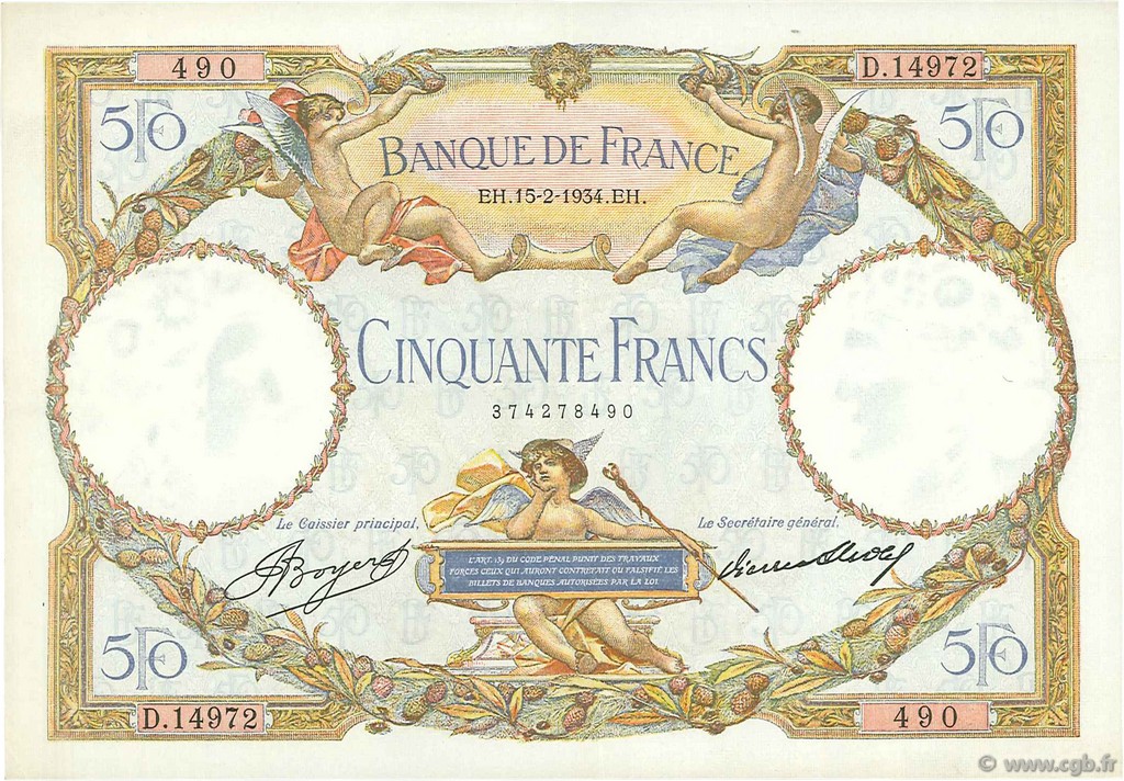 50 Francs LUC OLIVIER MERSON type modifié FRANCE  1934 F.16.05 XF