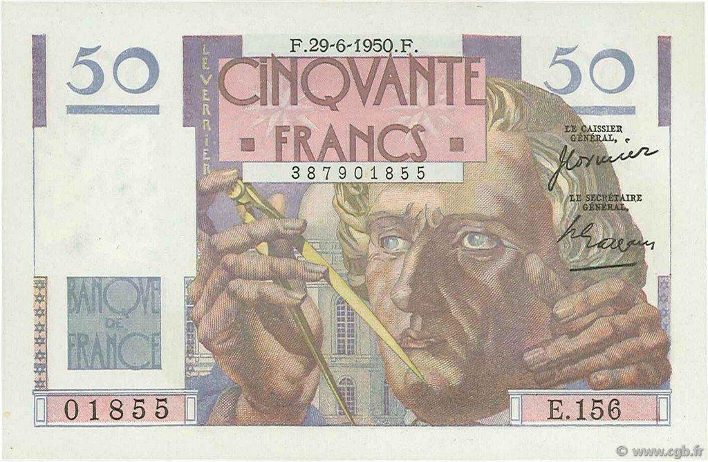 50 Francs LE VERRIER FRANKREICH  1950 F.20.15 fST+
