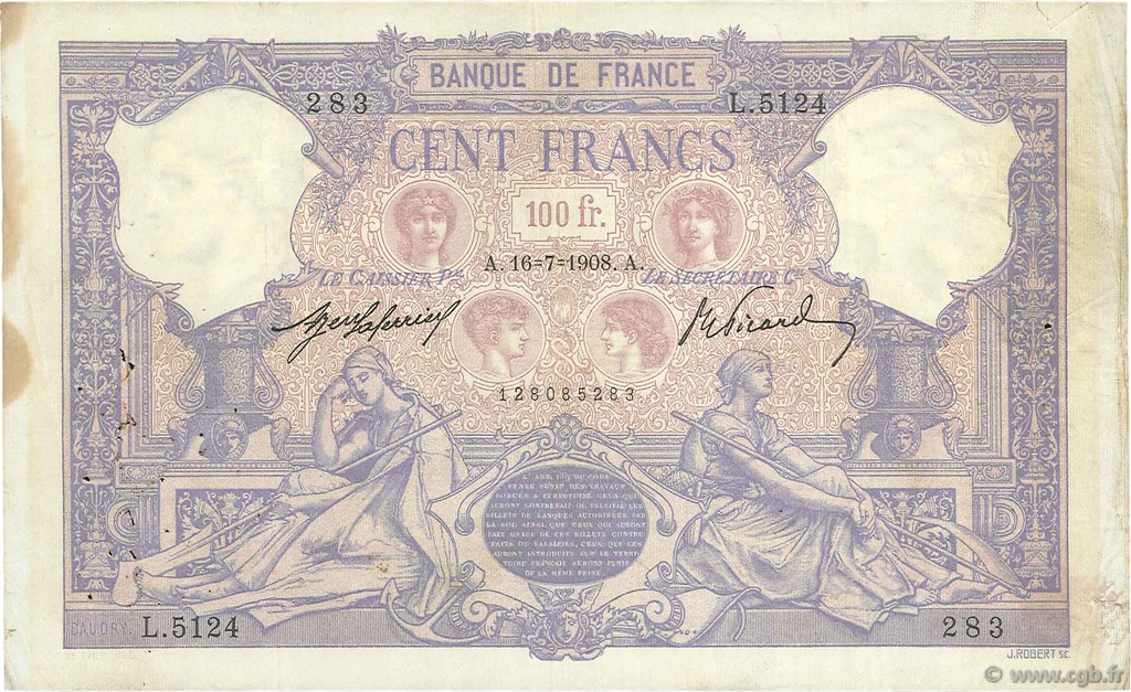 100 Francs BLEU ET ROSE FRANCE  1908 F.21.23 VF-