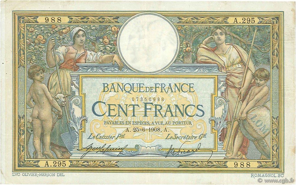 100 Francs LUC OLIVIER MERSON avec LOM FRANCE  1908 F.22.01 pr.TTB