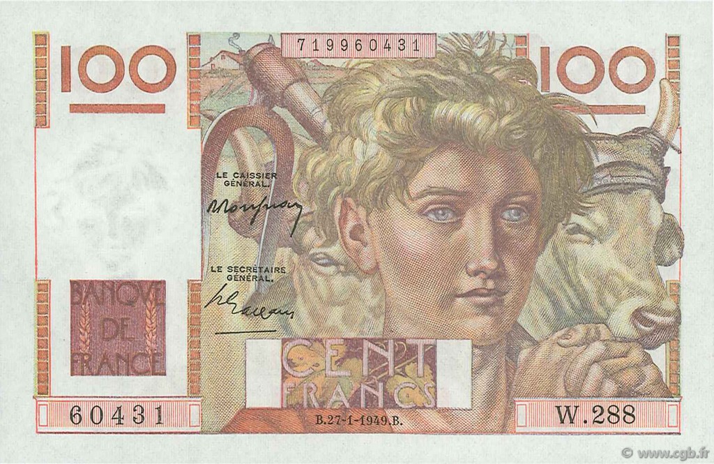 100 Francs JEUNE PAYSAN FRANCE  1949 F.28.21 UNC
