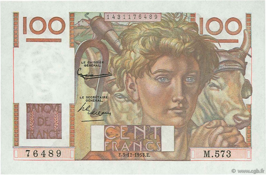 100 Francs JEUNE PAYSAN FRANCE  1953 F.28.40 UNC