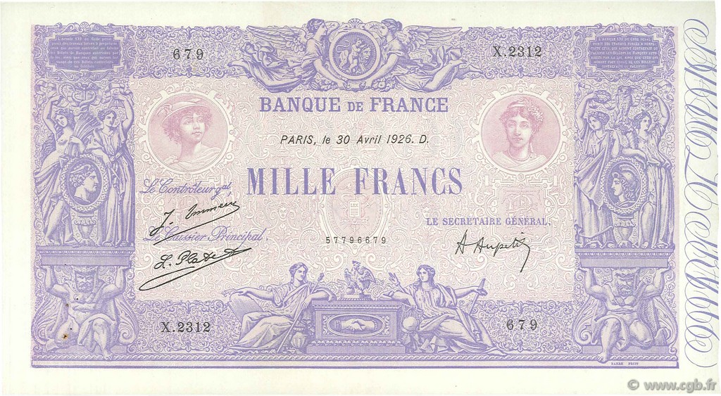 1000 Francs BLEU ET ROSE FRANCIA  1926 F.36.42 BB to SPL