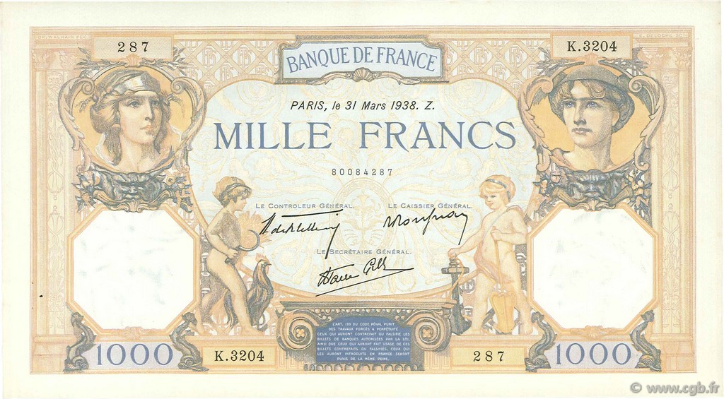 1000 Francs CÉRÈS ET MERCURE type modifié FRANKREICH  1938 F.38.10 VZ