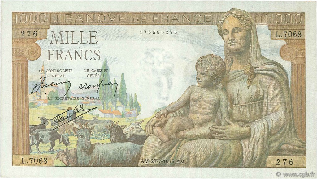 1000 Francs DÉESSE DÉMÉTER FRANCE  1943 F.40.31 VF - XF