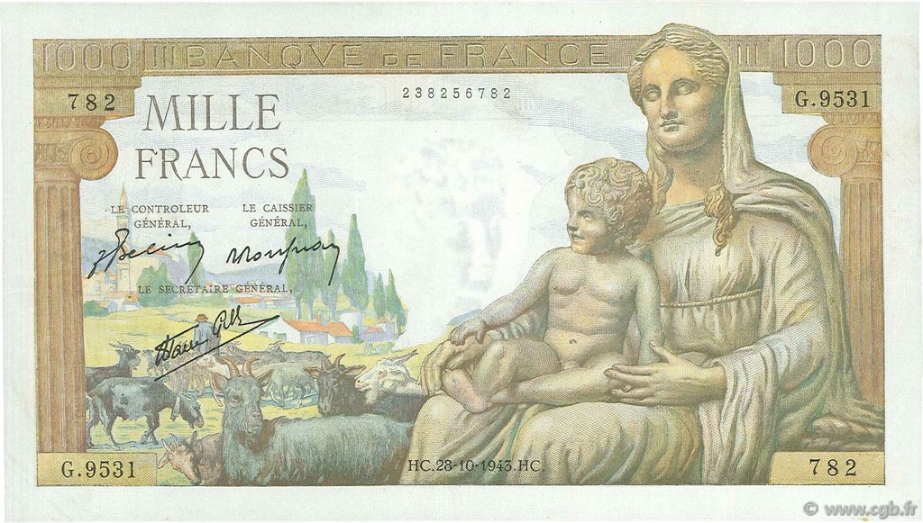 1000 Francs DÉESSE DÉMÉTER FRANKREICH  1943 F.40.38 fVZ