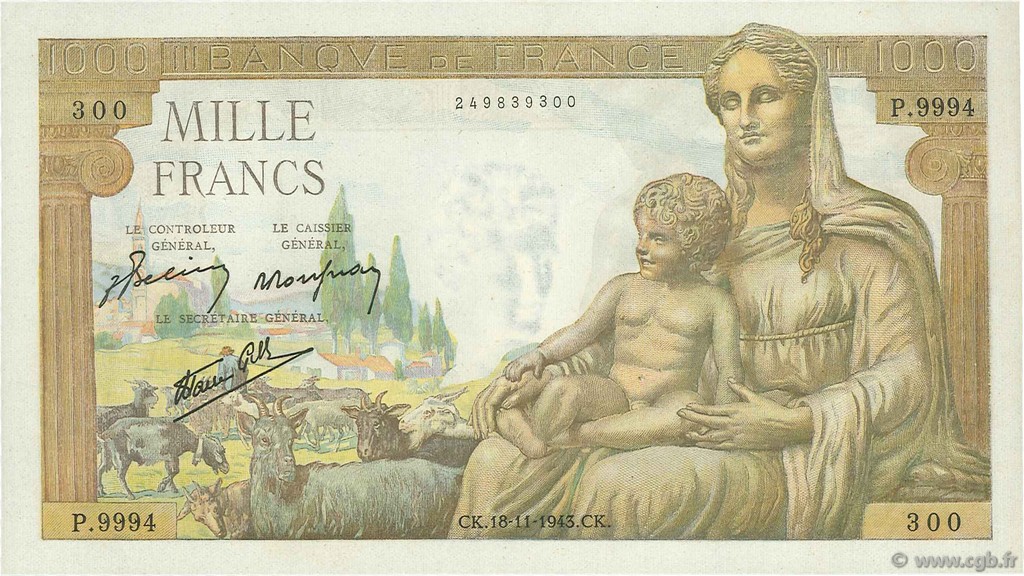 1000 Francs DÉESSE DÉMÉTER FRANKREICH  1943 F.40.40 fST