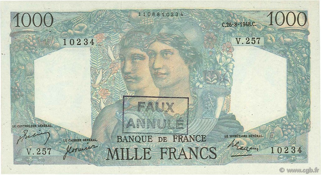 1000 Francs MINERVE ET HERCULE FRANCE  1948 F.41.23 SUP+