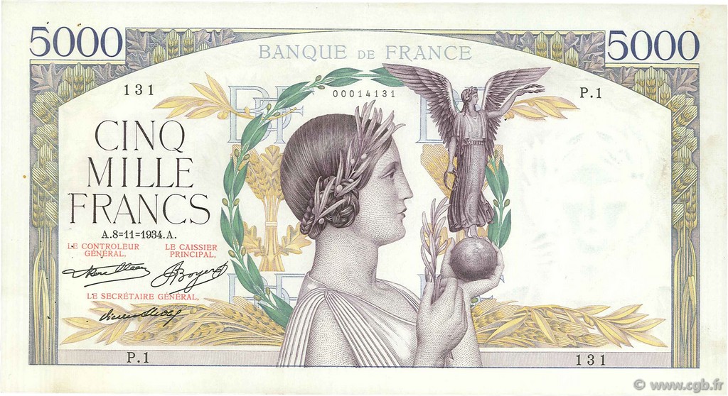 5000 Francs VICTOIRE FRANCE  1934 F.44.01 VF