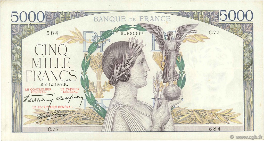 5000 Francs VICTOIRE Impression à plat FRANCIA  1938 F.46.01 BC a MBC