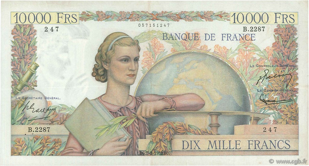 10000 Francs GÉNIE FRANÇAIS FRANCIA  1952 F.50.56 MBC+