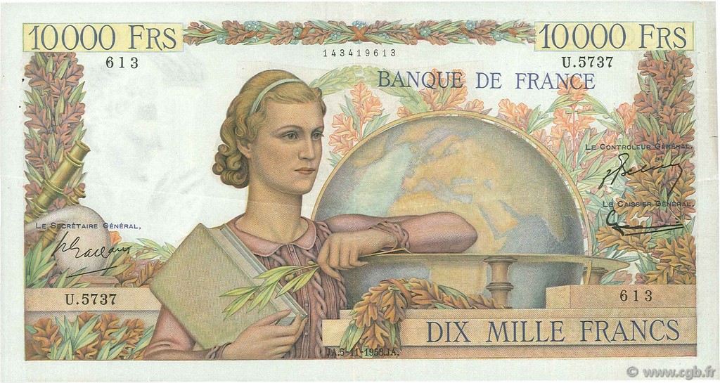 10000 Francs GÉNIE FRANÇAIS FRANCIA  1953 F.50.68 MBC+