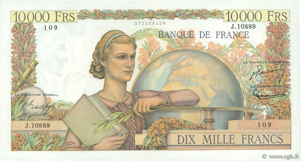 10000 Francs GÉNIE FRANÇAIS FRANCIA  1956 F.50.79 SPL+