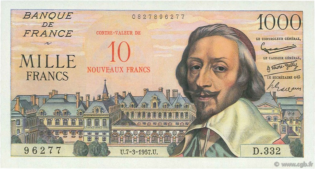10 NF sur 1000 Francs RICHELIEU FRANKREICH  1957 F.53.01 fST+