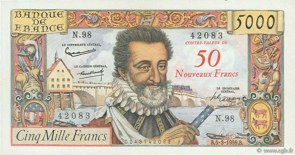 50 NF sur 5000 Francs HENRI IV FRANCE  1959 F.54.02 XF - AU