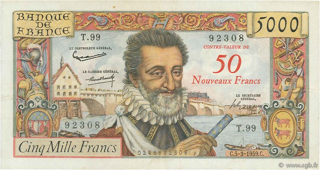 50 NF sur 5000 Francs HENRI IV FRANCIA  1959 F.54.02 BB