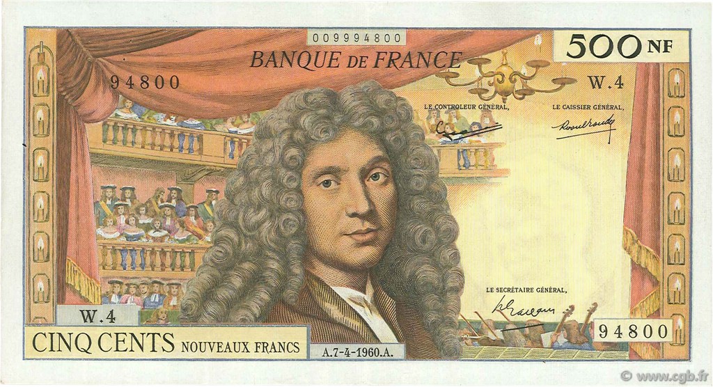 500 Nouveaux Francs MOLIÈRE FRANCE  1960 F.60.02 VF+
