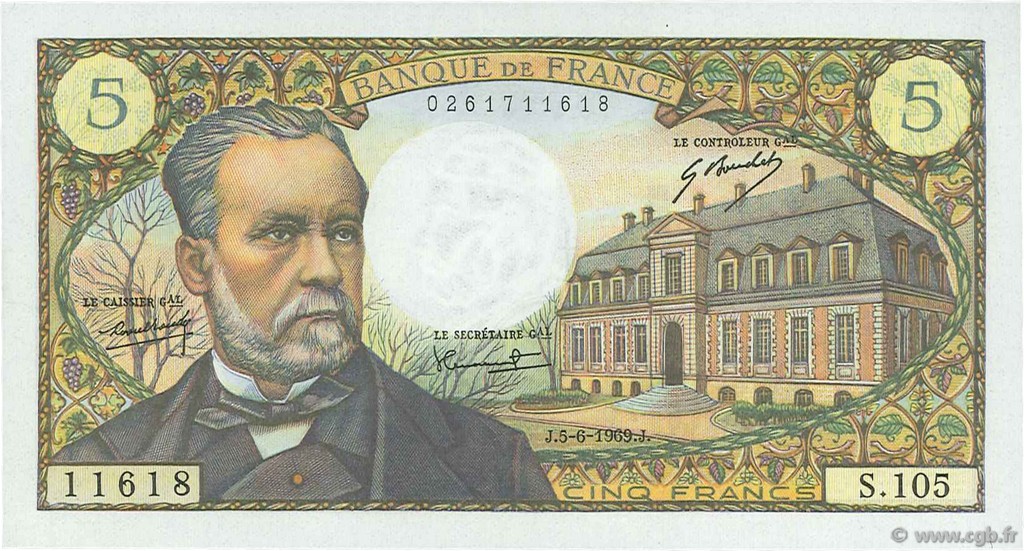 5 Francs PASTEUR FRANCE  1969 F.61.10 AU-