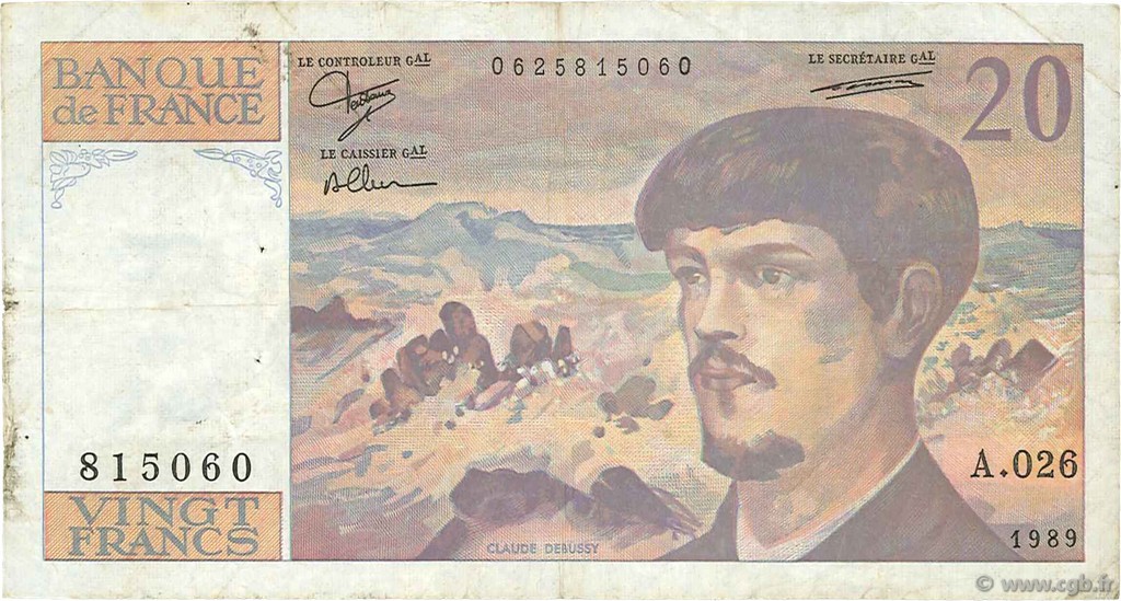 20 Francs DEBUSSY FRANCE  1989 F.66.10A26 F+