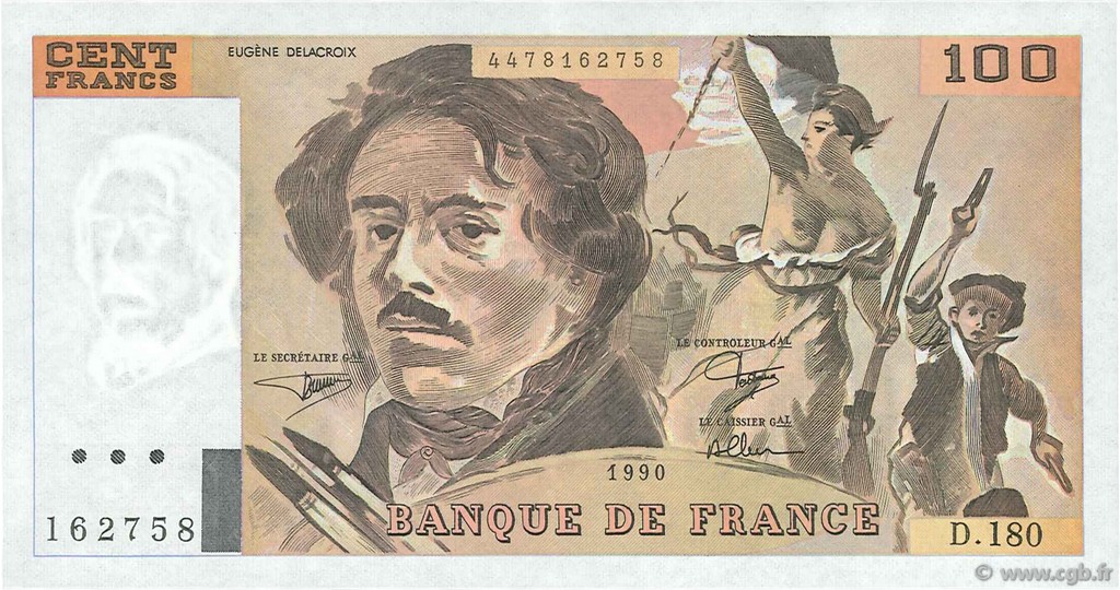 100 Francs DELACROIX imprimé en continu FRANKREICH  1990 F.69bis.02d fST