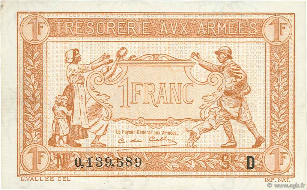 1 Franc TRÉSORERIE AUX ARMÉES 1917 FRANCE  1917 VF.03.04 XF
