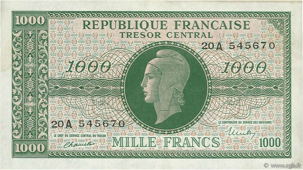 1000 Francs MARIANNE FRANKREICH  1945 VF.12.01 VZ