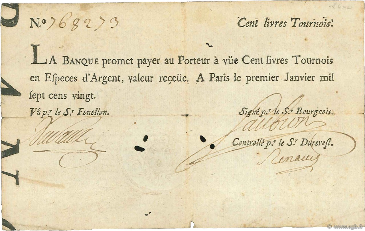 100 Livres Tournois FRANCE  1720 Laf.090 VF