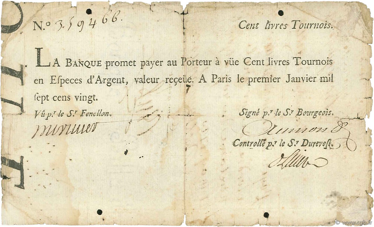 100 Livres Tournois FRANKREICH  1720 Laf.090 fS